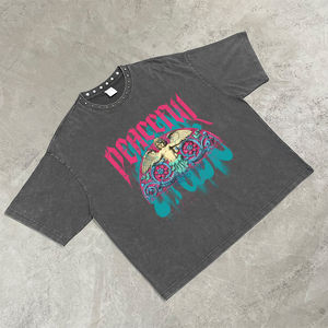 Camiseta de Gran Tamaño para Hombre, Estilo Urbano, Lavada al Ácido, con Estampado Gráfico Personalizado y Remaches - Product Image 3