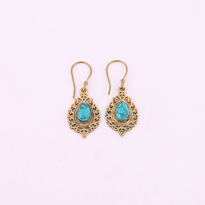 Intricate Design With Blue Turquoise Drop <b>Earrings</b> 45x18MM Size - Product Image 1
