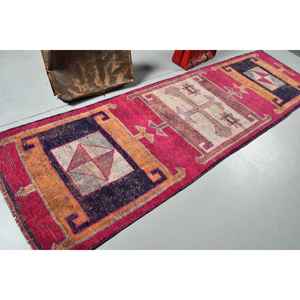 Vintage Turkish Rug, 3.4x11.7 ft <b>Runner</b> Rug, <b>Red</b> Blue Check Wool Rug - Product Image 2