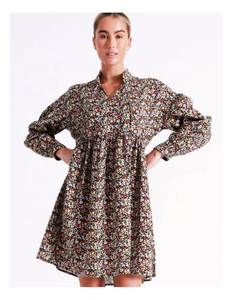 Vacation Shoulder Knee-Length Viscose A-Line Casual <b>Dress</b> V-Neckline Stand Collar Volume with Buttoned Cuffs <b>Elasticated</b> Waist - Product Image 3