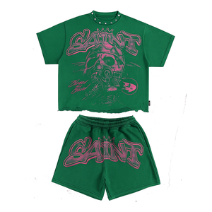 Camiseta unisex con serigrafía de algodón de 220gsm de alta calidad OEM, conjunto corto de gran tamaño informal con estampado de logotipo personalizado para hombre, talla sólida - Product Image 4