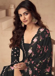 Ensemble Salwar Kameez Palazzo prêt-à-porter pour femmes, imprimé floral, broderie lourde, soie Airtex Chinon, coupe régulière, séchage rapide - Product Image 6