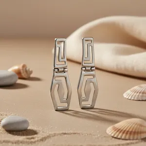 Boucles d'oreilles pendantes géométriques à motif clé grecque en argent pour femme, bijoux tendance religieux classiques et imposants, en argent 925, cadeau - Product Image 3