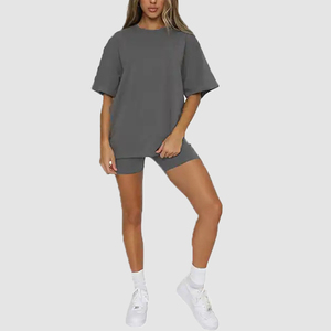 ฤดูร้อนสีทึบเสื้อยืดและกางเกงขาสั้นสุภาพสตรีที่กําหนดเอง Biker ชุดเสื้อผ้าผู้หญิงเสื้อยืดกีฬา 2 ชิ้นผู้หญิงกางเกงขาสั้นชุด - Product Image 3