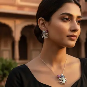 Women's Gold-Plated Silver Flower Chandelier <b>Earrings</b> with Ruby <b>Sapphire</b> Diamond Cute Style <b>Drop</b> <b>Earrings</b> for Gift - Product Image 2