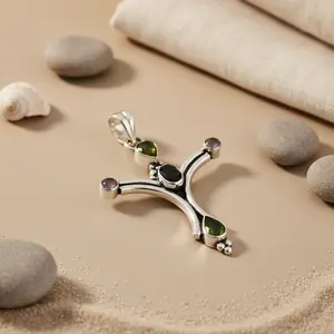 Colgante de Cruz de Plata 925 con Piedras Preciosas, Joyería Hecha a Mano en Oro Rosa y Platino para Mujer, Colgantes con Baño de Rodio - Product Image 1