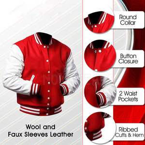 Chaqueta Universitaria para Hombre, Nueva Colección al por Mayor, Color Sólido Rojo y Blanco - Product Image 5