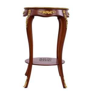 Mesa Auxiliar Redonda de Dos Niveles de Caoba de Lujo con Incrustaciones Florales y Detalles Ornamentales de Latón Dorado para Decoración Clásica del Hogar - Product Image 2