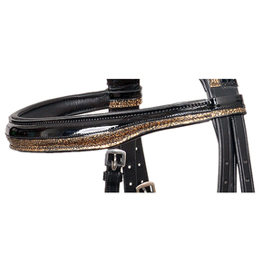 Brida de Cuero Negro de Lujo Hecha a Mano con Narquileras Acolchadas de Patente y Ribete Dorado Brillante, Talla Completa, Empaque Personalizado - Product Image 3