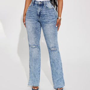 Pantalon en jean déchiré à jambe large pour femme, design classique, respirant, taille mi-haute, devant plat, nouvelle mode vintage, effet usé - Product Image 2