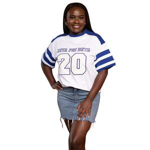T-shirt de sororité de style hockey blanc et bleu avec patch numéro et manches rayées Chemise unisexe Greek Life Apparel - Product Image 2