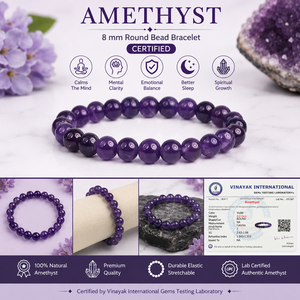 Pulsera de cuentas redondas de amatista natural certificada de 8 mm para la calma, la intuición, la conciencia espiritual y el equilibrio emocional - Product Image 3