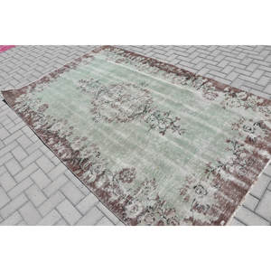 Tapis turc vintage 5.5x8,9 pieds vert marron tissage plat en laine avec motif patchwork pour les décorations de salon ou le couloir - Product Image 2
