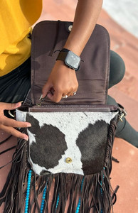 Nouveau Style occidental cheveux sur cacher fourrure cuir perles sac à franges haute qualité Boho femmes cuir Turquoise pierre taille idéale sac à main - Product Image 6
