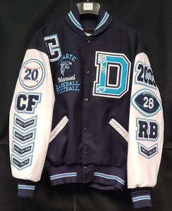 Chaqueta Varsity de Béisbol Personalizada con Bordado de Primera Calidad, Cuerpo de Lana Azul, Mangas de Cuero Blanco, Chaquetas Escolares - Product Image 2