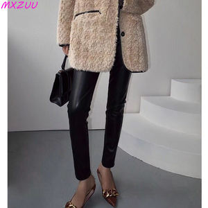 Pantalon en cuir véritable noir/blanc, pantalon en peau de mouton, classique, taille haute, skinny, leggings stretch pour femmes, pantalon mujer - Product Image 6