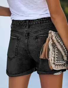 Short taille haute d'été pour femmes vente directe d'usine lâche cylindre droit jambe large bord roulé porté bleu noir coton - Product Image 5