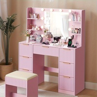 Ensemble de coiffeuse OEM ODM avec miroir lumineux 3 couleurs et tabouret, table de maquillage avec 7 tiroirs, cadeau pour femme, pour chambre de fille