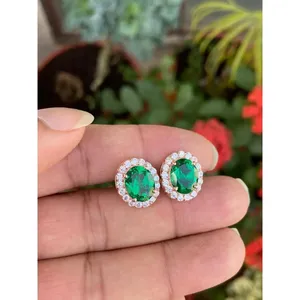 14k Gold 18k Gold Rose Gold White Gold-Trendy Oval Emerald Stud Earrings <b>Diamond</b> Zircon Geometric Pattern for Engagement Wedding - Product Image 2