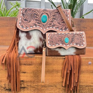 Fashion Elegant Hand Tooled Cowhide Leather Women's Crossbody Bags & Wristlet Clutch High Quality 2 Piece Combo Set for Women's - Product Image 1