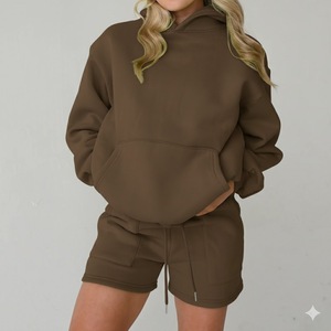 Personnalisé femmes automne/hiver couleur unie à manches longues à capuche deux pièces ensemble Badge avant conception 100% coton à la mode décontracté - Product Image 3