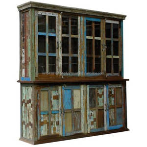Ancienne armoire sur pied en bois récupéré avec 4 portes en verre et bois Meubles de rangement pour l'entrée de l'hôtel Salon Salle à manger - Product Image 1