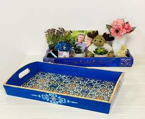 Bandeja otomana de madera de nogal moderna con asas Bandeja de servicio para decoración de sala de estar Idea de regalo para el hogar - Product Image 3