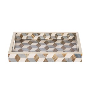 Plateau de service rectangulaire personnalisé de qualité supérieure, fabriqué à la main, en bois naturel, avec incrustation d'os, pour la maison, les restaurants et les hôtels de l'Inde. - Product Image 2