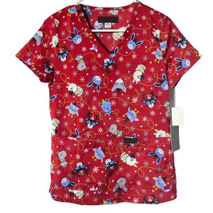 Women Red Christmas Print <b>Scrub</b> <b>Top</b> With Pockets V-Neck Short Sleeve Hospital Uniforms - Product Image 1
