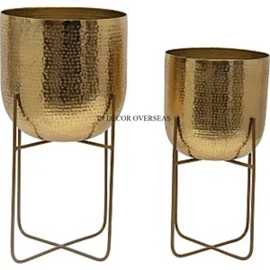 Único diseñador de lujo pequeña textura martillada alto grado chapado en oro de alta calidad Metal forma redonda conjunto de 2 macetas y jardineras - Product Image 1