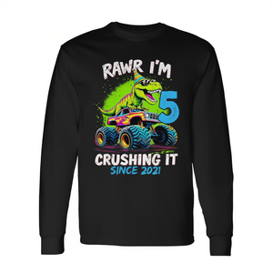 Maglietta per compleanno 2021 per bambino di 5 anni, design con dinosauro e monster truck, a maniche lunghe, per ragazzi nati nel 2021 - Product Image 2
