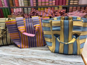 Handloom Woven Recycled Nylon Zipper Portable Large Beach <b>Tote</b> <b>Bag</b> Set Striped <b>Mini</b> Cosmetic Cases Eco-Friendly Water Resistant - Product Image 3