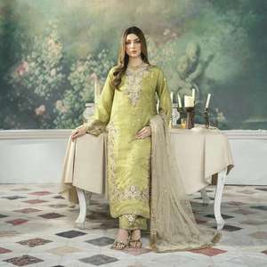 Tela de césped floral A-Line Salwar Kameez bordado hecho a mano señoras vestido de noche estilo indio pakistaní fiestas de boda Slip - Product Image 1