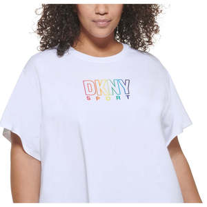 T-shirt DKNY da donna bianca con logo Pride, taglia 1X, stile casual basic, in cotone jersey, stampa ricamata, lunghezza corta - Product Image 2