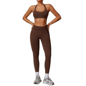 Conjuntos de yoga con logotipo frontal sólido para mujer, ropa de gimnasio para Fitness, traje deportivo, Top de manga larga, mallas elásticas altas - Product Image 1
