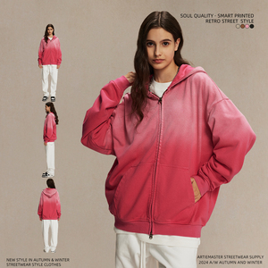 Vente en gros Cardigan rétro à capuche avec logo personnalisé Motif imprimé de haute qualité Manteau surdimensionné lavable à l'eau pour femmes et hommes - Product Image 5