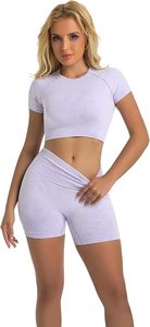 Ensemble de yoga 4 pièces pour femmes, vêtements de sport couleur lavande avec haut court à manches courtes, soutien-gorge de sport, short taille haute et leggings - Product Image 6