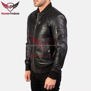 Chaqueta Bomber de Cuero Genuino Negro para Hombre, Cuello Acanalado, Cremallera, Bolsillos en las Mangas, Piel de Oveja, Chaqueta de Vuelo MA1 Personalizada, Abrigo de Invierno para Aviador - Product Image 3