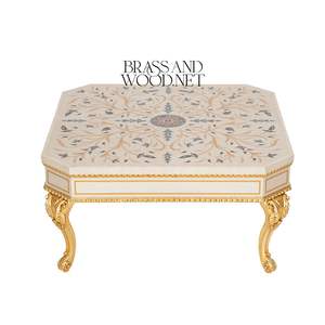 Table basse octogonale de luxe avec incrustation florale en marqueterie et pieds cabriole sculptés en or pour un salon élégant - Product Image 1