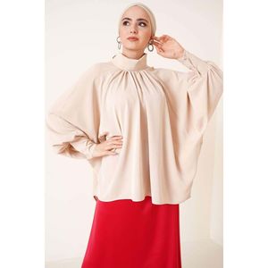 Blusa de satén de cuello alto informal, decoración de botones Beige, tejido de seda Formal de lujo personalizado disponible XS XL para ropa de oficina de verano - Product Image 4