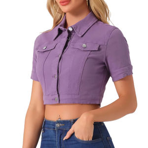 Veste légère ajustée extensible avec poches vêtements de mode vestes pour femmes recadrée pour femmes mode courte Denim - Product Image 2