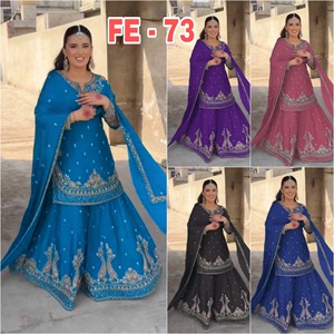 Nuevo diseñador bohemio Casual Chinon Sharara traje pesado elástico bordado trabajo lindo sólido puntada completa secuencia bordado - Product Image 6