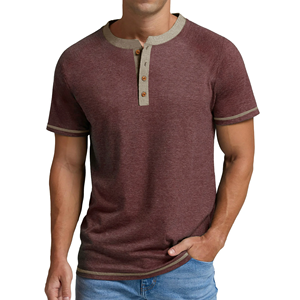 Camiseta marrón de algodón 100% con diseño de logotipo personalizado OEM para hombre, cuello redondo, manga corta, botón de costilla en contraste de gran tamaño, transpirable - Product Image 1