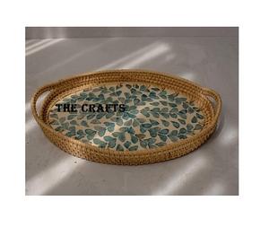 Plateau de service en rotin et nacre de bambou Plateau à chocolat ovale de la meilleure qualité pour accessoires d'hôtel - Product Image 1
