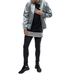 Chaquetas universitarias de satén de alta calidad OEM para hombre, ropa de calle de béisbol ligera, estilo cierre a presión, puños a rayas, cuello levantado - Product Image 5