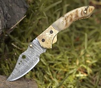 Couteau de poche pliant en acier damassé personnalisable OEM manche en bois fait à la main bouton poussoir Style lame Camping en plein air bas prix bricolage
