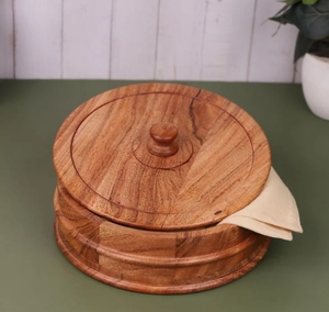 Fait à la main en bois d'acacia Base à bord plat Chapati Box Store Box Warmer Casserole Kitchen Home Decor Round Roti Dabba for Kitchen - Product Image 2
