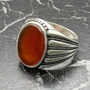 Ottoman Style Men's Sterling Silver <b>Ring</b> with Red Agate Handmade Masculine Turkish Jewelry Oval-shaped Carnelian <b>Statement</b> <b>Ring</b> - Product Image 3
