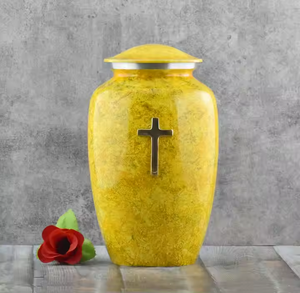 Exquisitas urnas de cremación de cenizas con manos rezantes únicas Urna de cremación de metal impresa con Cruz de Jesús a precios bajos con descuento - Product Image 2