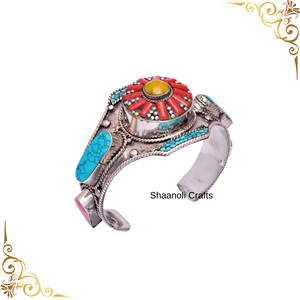 Brazalete Tibetano Plateado con Turquesa y Coral, Ajustable, Estilo Vintage, para Mujer - Product Image 4
